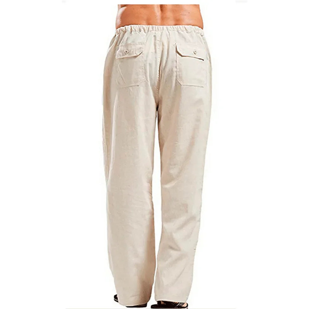 Men’s Cotton Linen Pants – Summer Breathable Casual Trousers with Elastic Waist & Pockets