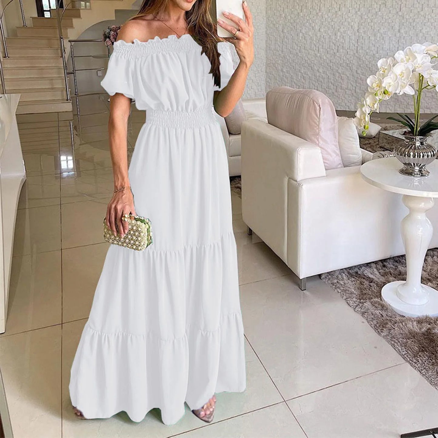 2024 Women’s Off-Shoulder Ruffle Mini Dress – Summer Sexy A-Line Boho Sundress with Flare Sleeves