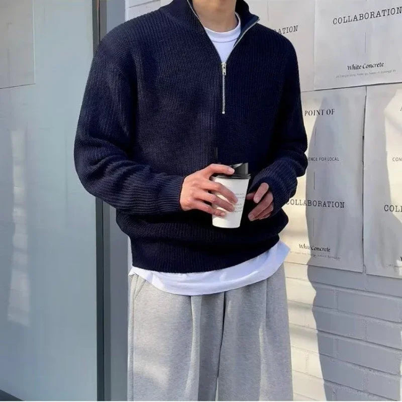 Men’s Half-Zip Stand Collar Sweater – Autumn Winter Casual High Street Pullover