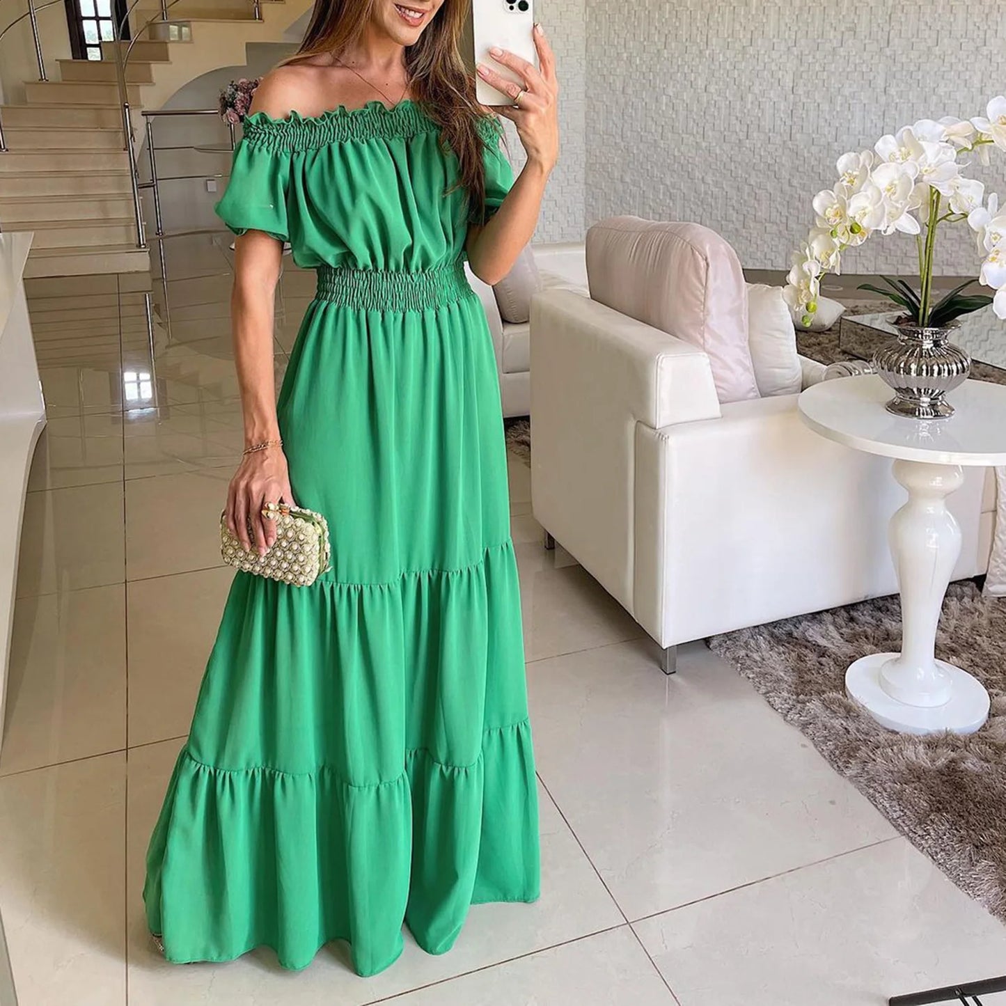 2024 Women’s Off-Shoulder Ruffle Mini Dress – Summer Sexy A-Line Boho Sundress with Flare Sleeves