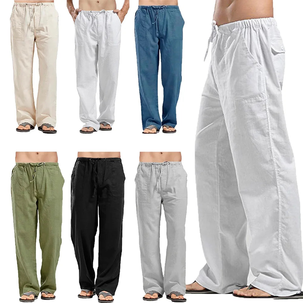 Men’s Cotton Linen Pants – Summer Breathable Casual Trousers with Elastic Waist & Pockets