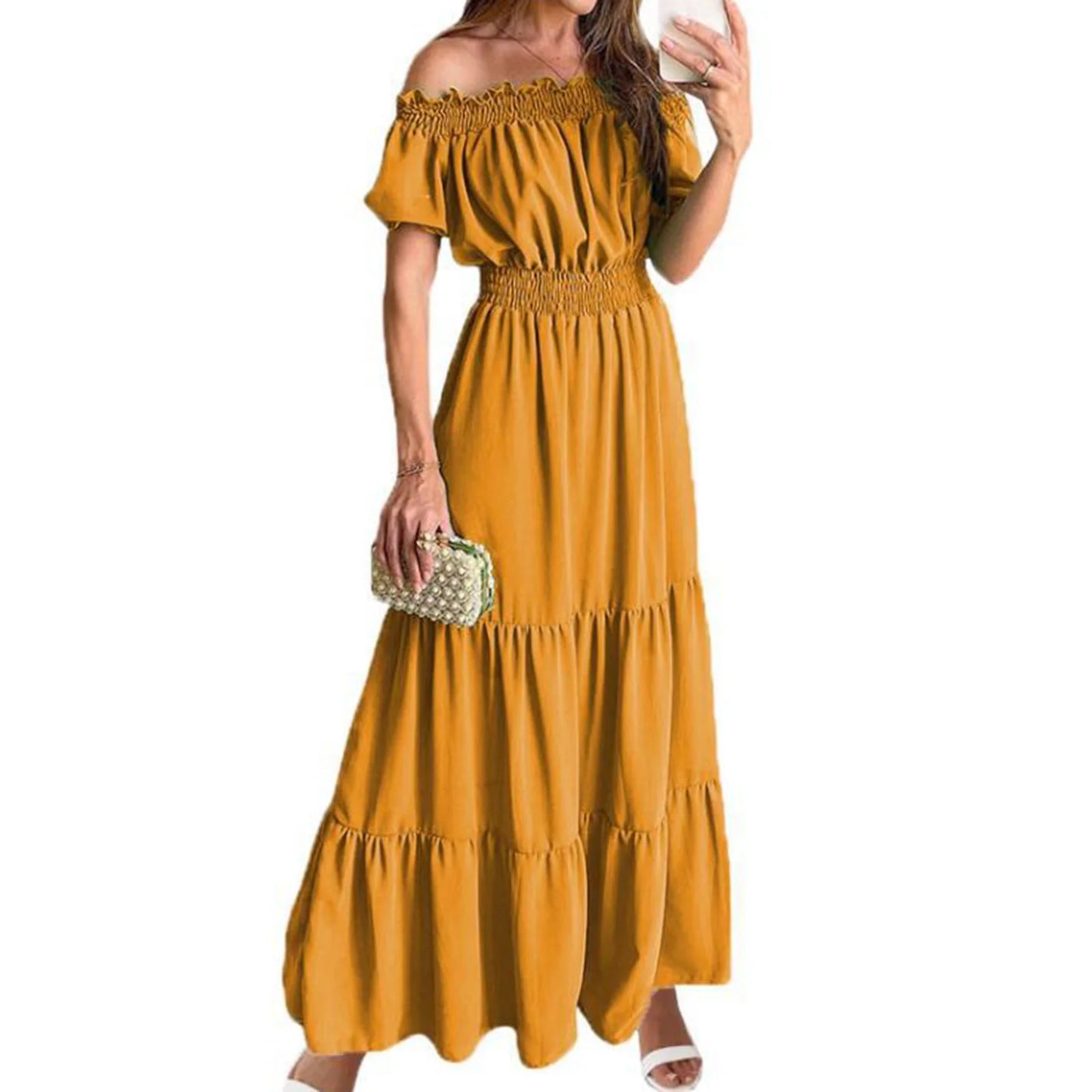 2024 Women’s Off-Shoulder Ruffle Mini Dress – Summer Sexy A-Line Boho Sundress with Flare Sleeves
