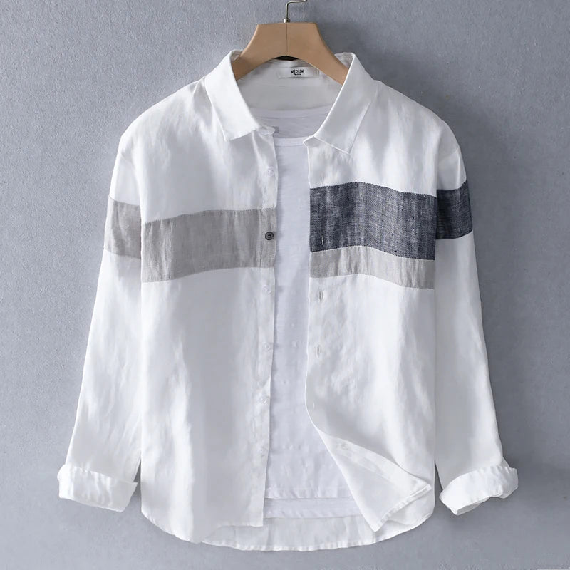 Men’s 100% Linen Patchwork Casual Shirt – Trendy Square Collar Long Sleeve Flax Shirt, Fashionable Travel Wear