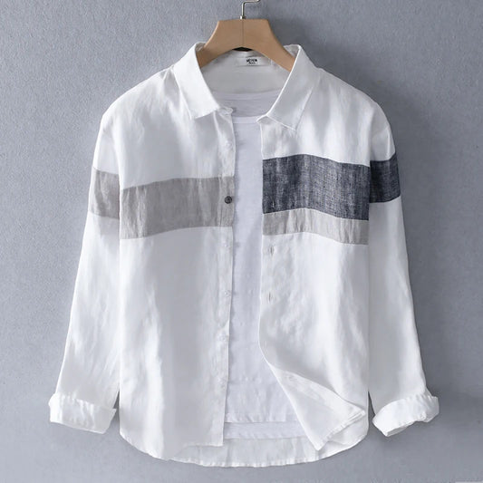 Men’s 100% Linen Patchwork Casual Shirt – Trendy Square Collar Long Sleeve Flax Shirt, Fashionable Travel Wear