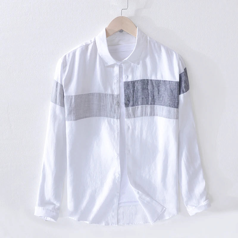 Men’s 100% Linen Patchwork Casual Shirt – Trendy Square Collar Long Sleeve Flax Shirt, Fashionable Travel Wear
