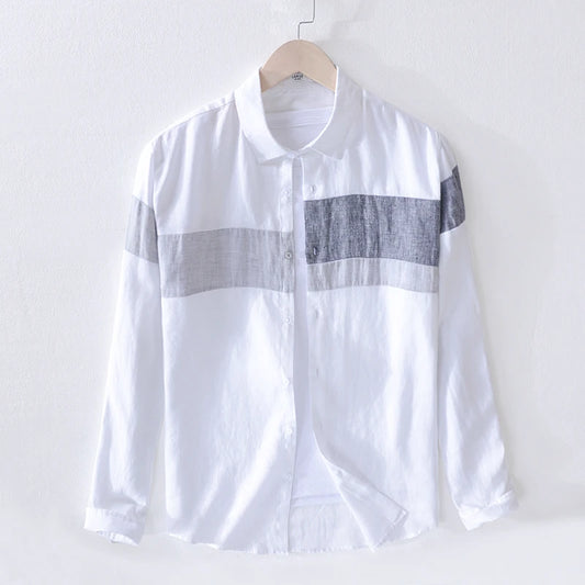 Men’s 100% Linen Patchwork Casual Shirt – Trendy Square Collar Long Sleeve Flax Shirt, Fashionable Travel Wear
