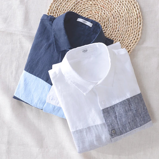 Men’s 100% Linen Patchwork Casual Shirt – Trendy Square Collar Long Sleeve Flax Shirt, Fashionable Travel Wear