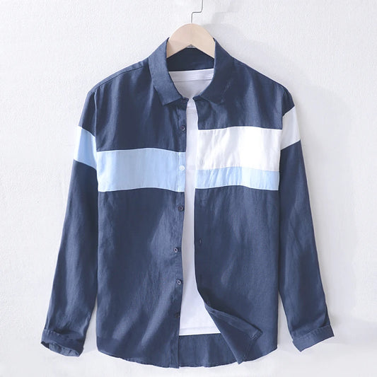 Men’s 100% Linen Patchwork Casual Shirt – Trendy Square Collar Long Sleeve Flax Shirt, Fashionable Travel Wear