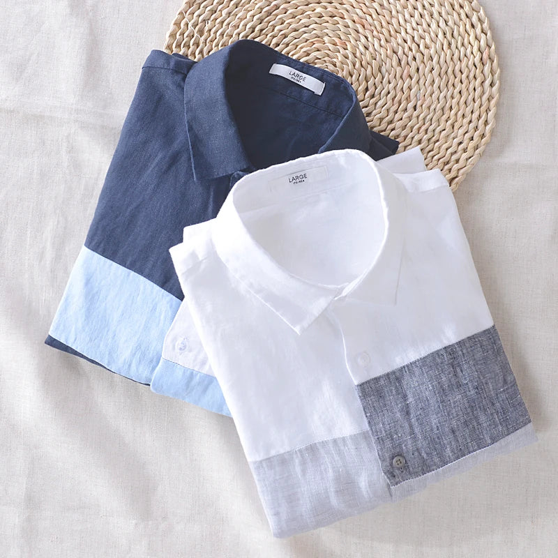 Men’s 100% Linen Patchwork Casual Shirt – Trendy Square Collar Long Sleeve Flax Shirt, Fashionable Travel Wear