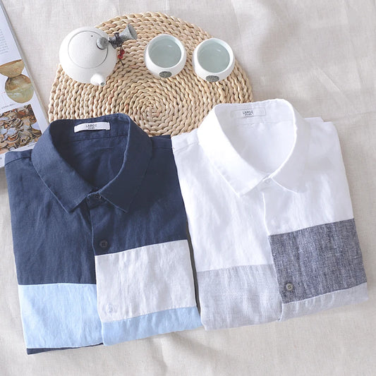 Men’s 100% Linen Patchwork Casual Shirt – Trendy Square Collar Long Sleeve Flax Shirt, Fashionable Travel Wear
