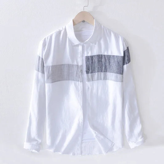 Men’s 100% Linen Patchwork Casual Shirt – Trendy Square Collar Long Sleeve Flax Shirt, Fashionable Travel Wear