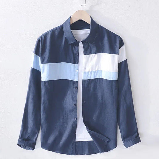 Men’s 100% Linen Patchwork Casual Shirt – Trendy Square Collar Long Sleeve Flax Shirt, Fashionable Travel Wear