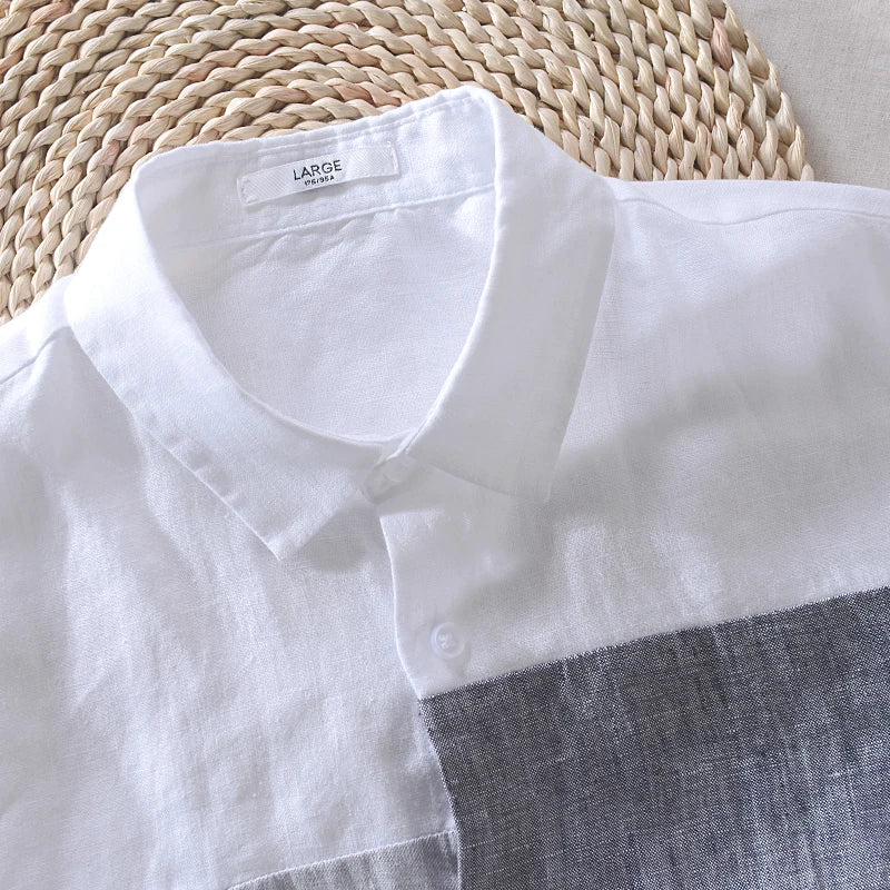 Men’s 100% Linen Patchwork Casual Shirt – Trendy Square Collar Long Sleeve Flax Shirt, Fashionable Travel Wear