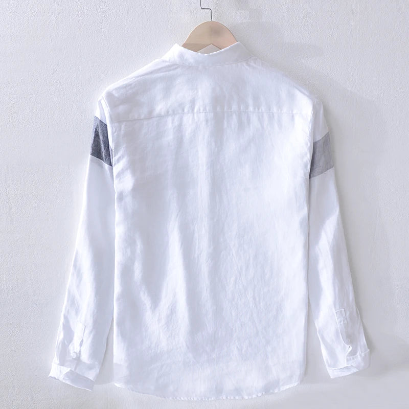 Men’s 100% Linen Patchwork Casual Shirt – Trendy Square Collar Long Sleeve Flax Shirt, Fashionable Travel Wear