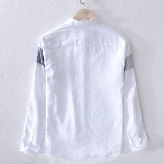 Men’s 100% Linen Patchwork Casual Shirt – Trendy Square Collar Long Sleeve Flax Shirt, Fashionable Travel Wear