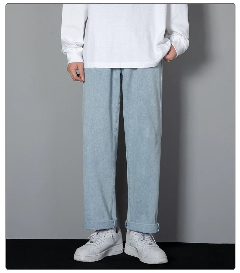 2025 New Korean Men’s Casual Wide-Leg Jeans – Classic Straight Fit Denim Pants