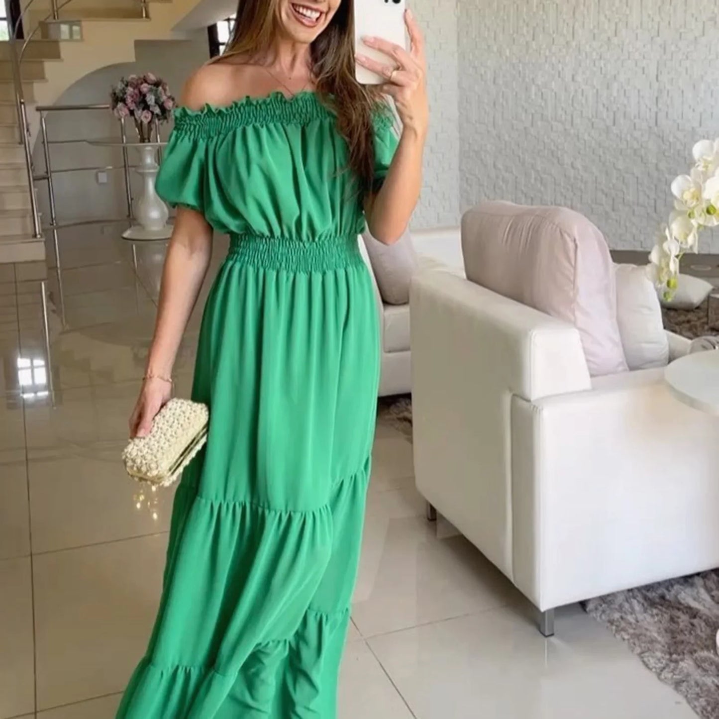 2024 Women’s Off-Shoulder Ruffle Mini Dress – Summer Sexy A-Line Boho Sundress with Flare Sleeves