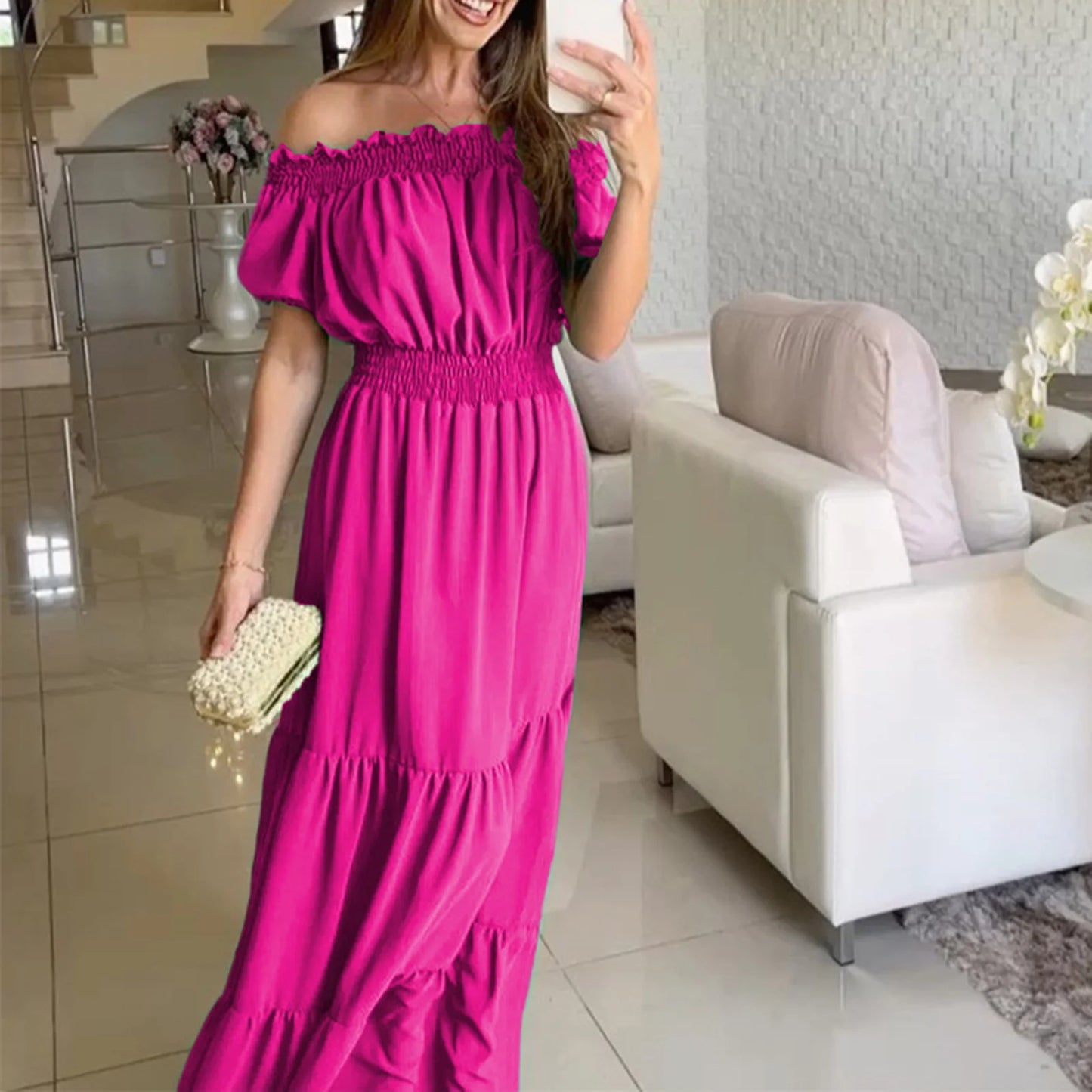 2024 Women’s Off-Shoulder Ruffle Mini Dress – Summer Sexy A-Line Boho Sundress with Flare Sleeves