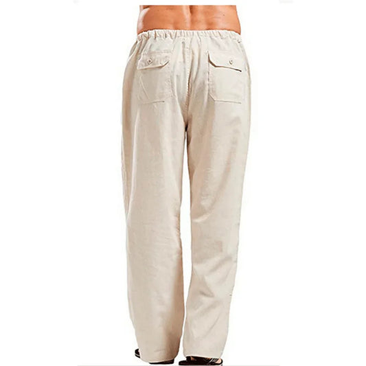 Men’s Cotton Linen Pants – Summer Breathable Casual Trousers with Elastic Waist & Pockets