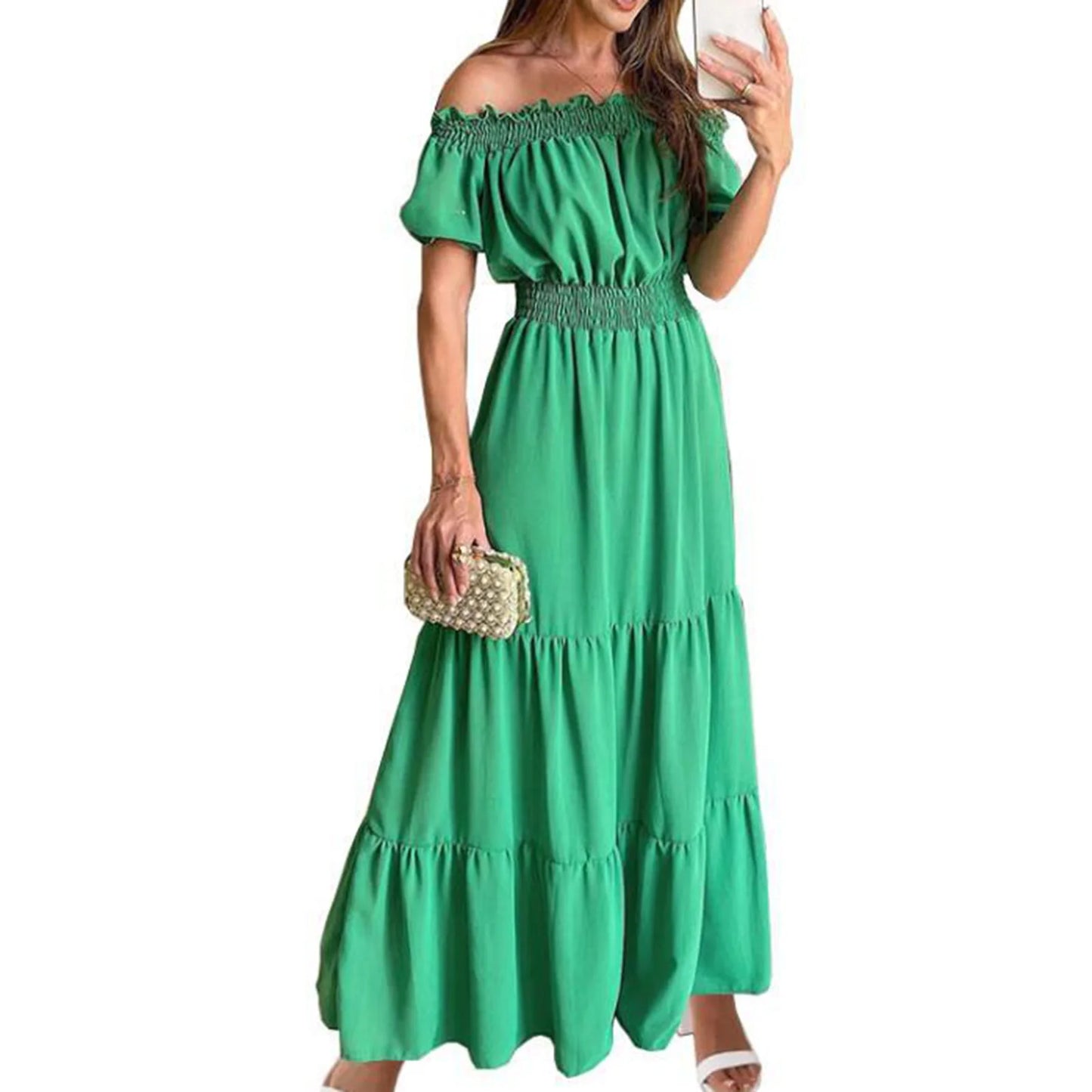 2024 Women’s Off-Shoulder Ruffle Mini Dress – Summer Sexy A-Line Boho Sundress with Flare Sleeves