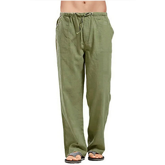 Men’s Cotton Linen Pants – Summer Breathable Casual Trousers with Elastic Waist & Pockets