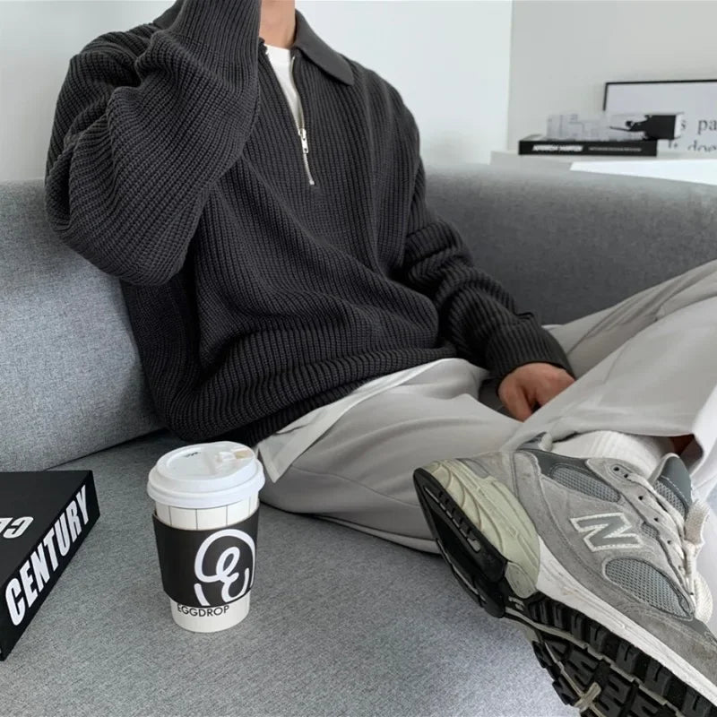 Men’s Japanese Vintage Half-Zip Sweater – Autumn/Winter High-End Knitted Pullover with Lapel, Loose Fit