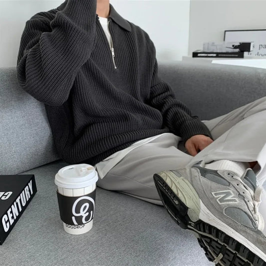 Men’s Japanese Vintage Half-Zip Sweater – Autumn/Winter High-End Knitted Pullover with Lapel, Loose Fit