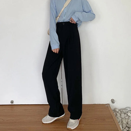 Women's High-Waist Black Straight Leg Pants: Stylish & Comfortable Office Trousers