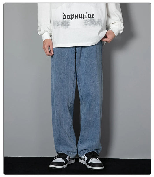 2025 New Korean Men’s Casual Wide-Leg Jeans – Classic Straight Fit Denim Pants