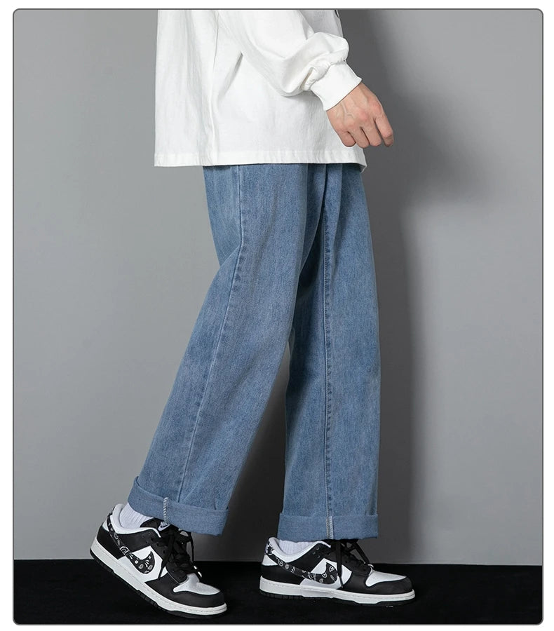 2025 New Korean Men’s Casual Wide-Leg Jeans – Classic Straight Fit Denim Pants