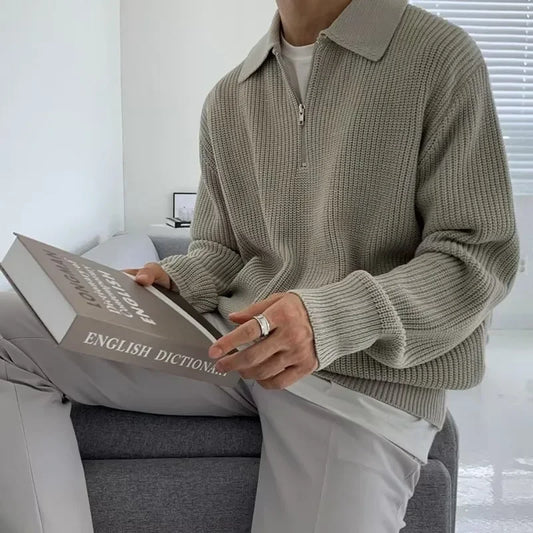 Men’s Japanese Vintage Half-Zip Sweater – Autumn/Winter High-End Knitted Pullover with Lapel, Loose Fit