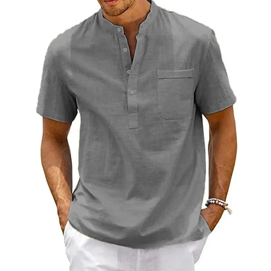 Men’s Cotton Linen Henley Shirt – Casual Short Sleeve Beach Top with Pocket, Lightweight & Breathable Vintage Streetwear