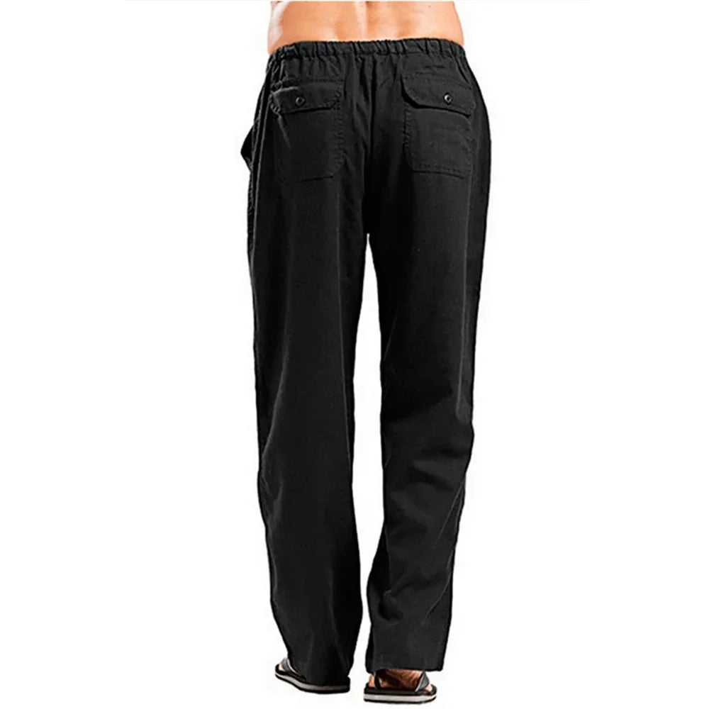 Men’s Cotton Linen Pants – Summer Breathable Casual Trousers with Elastic Waist & Pockets