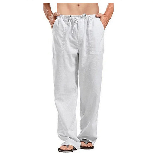 Men’s Cotton Linen Pants – Summer Breathable Casual Trousers with Elastic Waist & Pockets