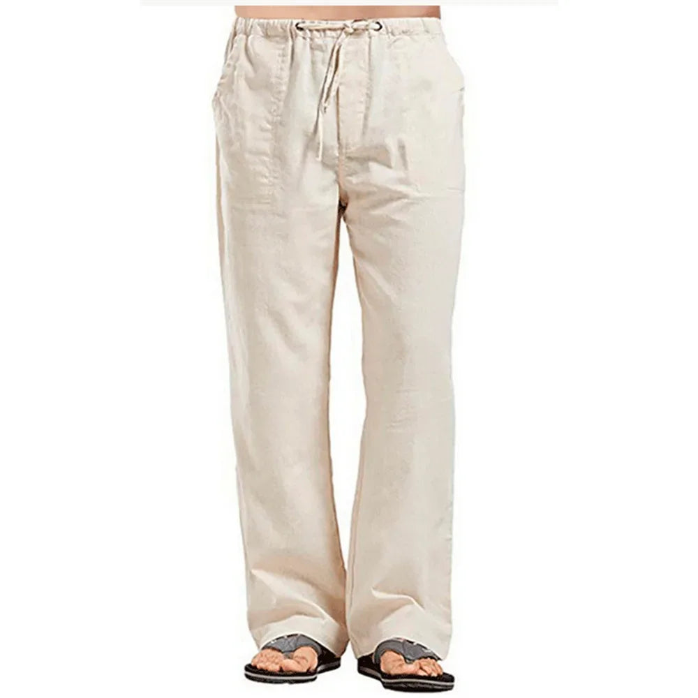 Men’s Cotton Linen Pants – Summer Breathable Casual Trousers with Elastic Waist & Pockets