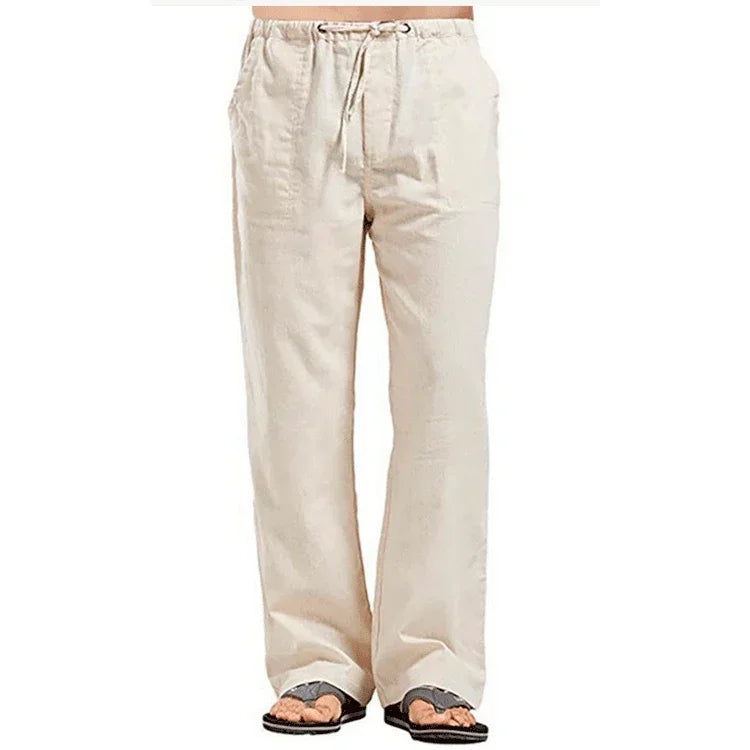 Men’s Cotton Linen Pants – Summer Breathable Casual Trousers with Elastic Waist & Pockets