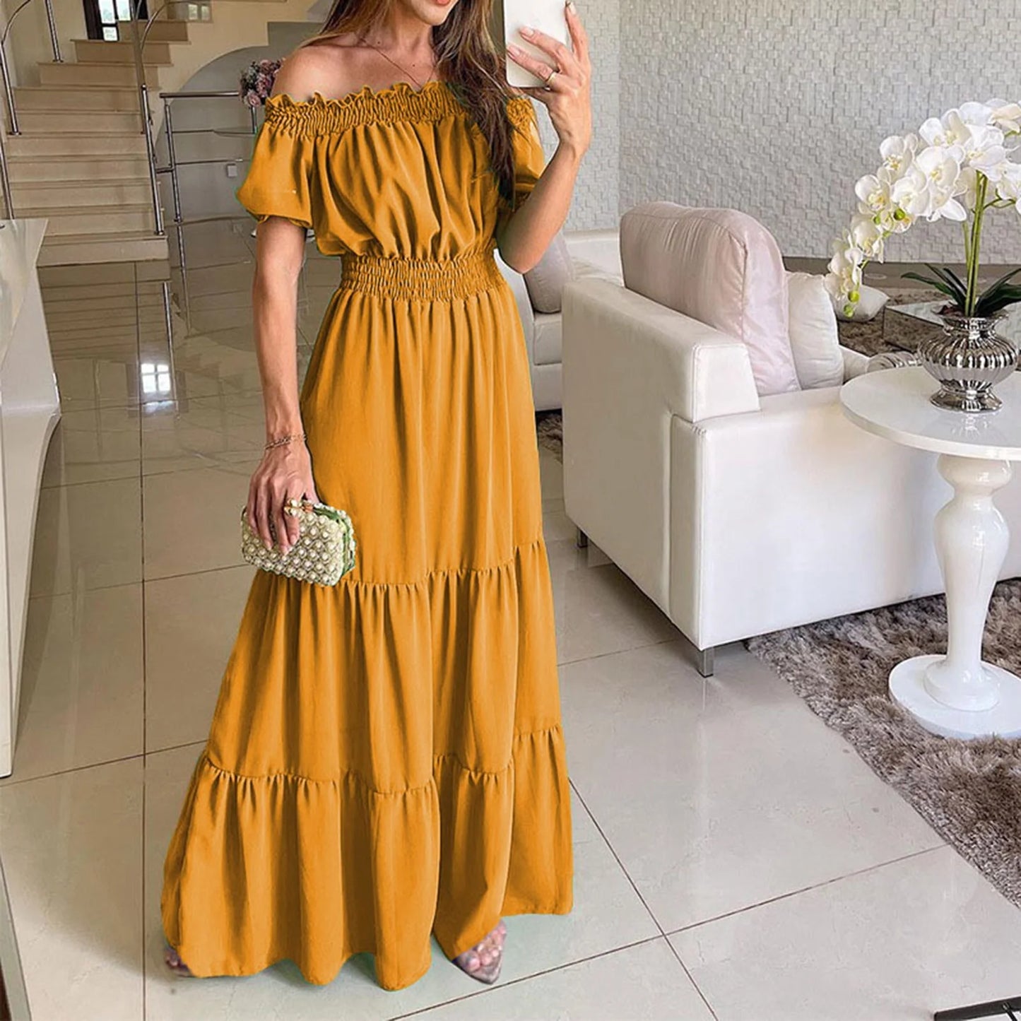2024 Women’s Off-Shoulder Ruffle Mini Dress – Summer Sexy A-Line Boho Sundress with Flare Sleeves