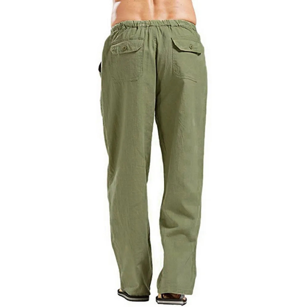 Men’s Cotton Linen Pants – Summer Breathable Casual Trousers with Elastic Waist & Pockets