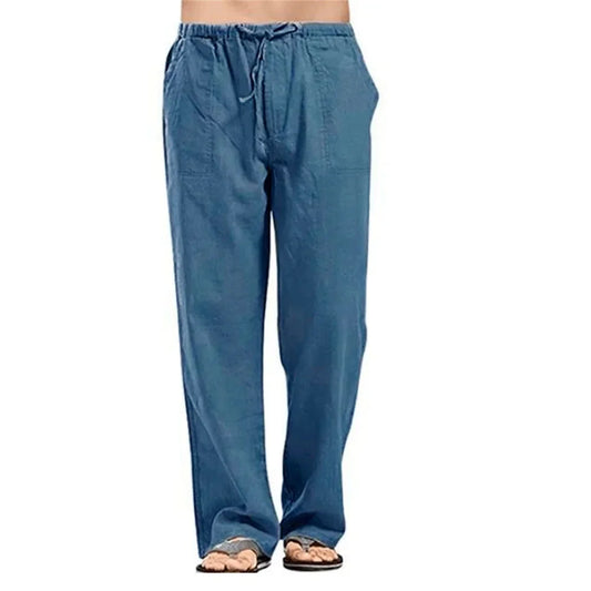 Men’s Cotton Linen Pants – Summer Breathable Casual Trousers with Elastic Waist & Pockets