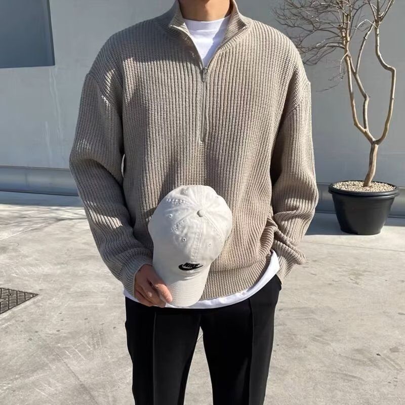 Men’s Half-Zip Stand Collar Sweater – Autumn Winter Casual High Street Pullover