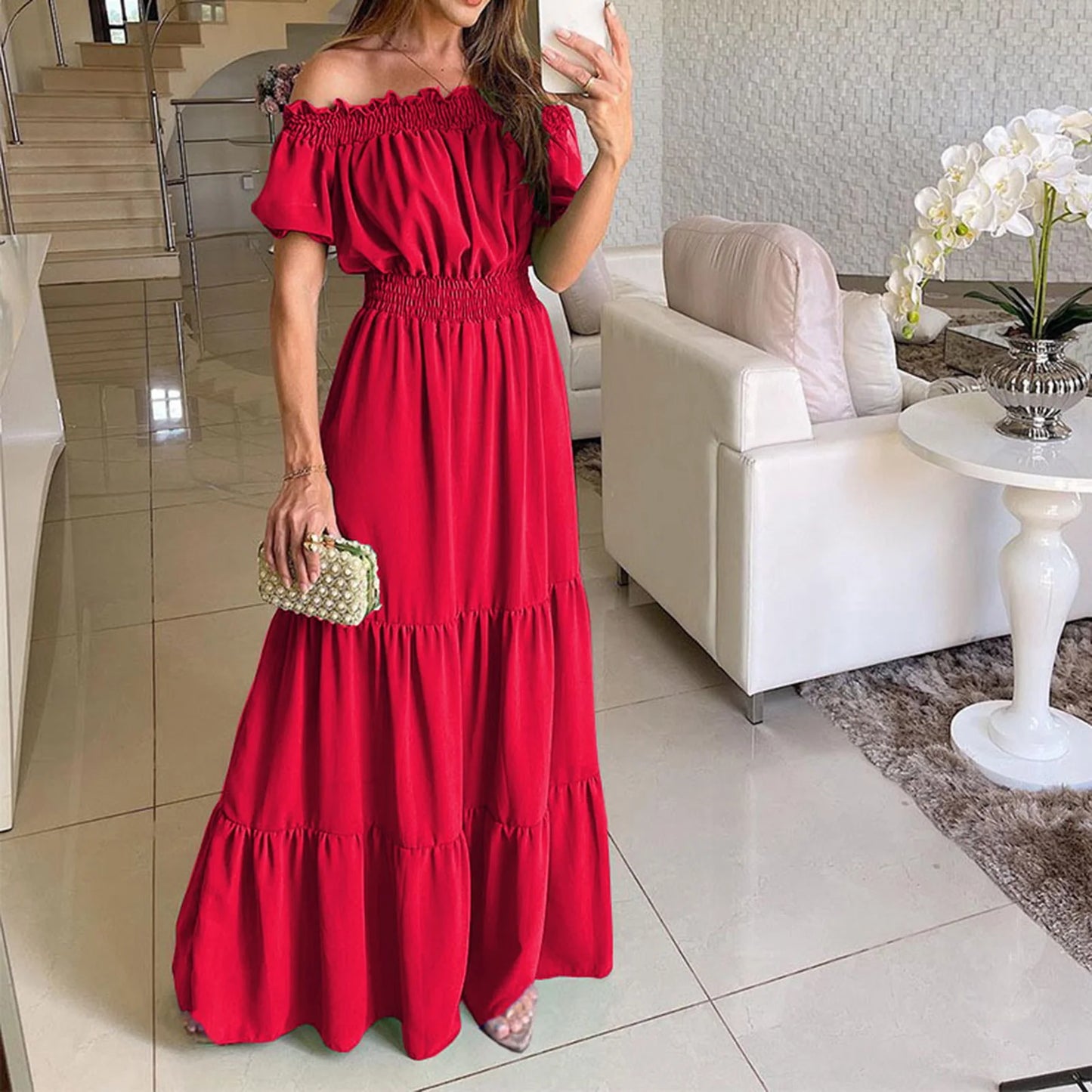 2024 Women’s Off-Shoulder Ruffle Mini Dress – Summer Sexy A-Line Boho Sundress with Flare Sleeves