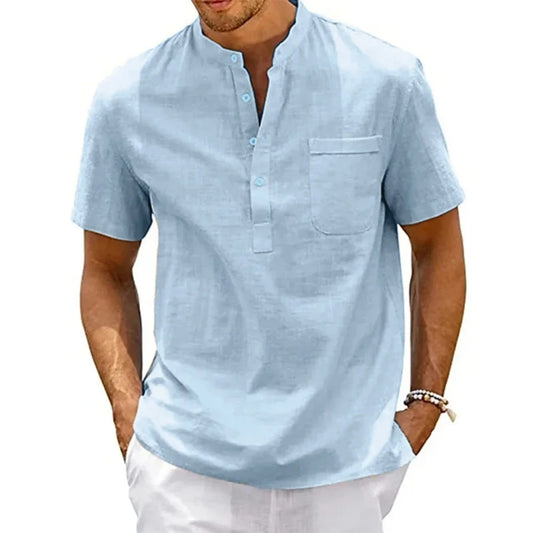Men’s Cotton Linen Henley Shirt – Casual Short Sleeve Beach Top with Pocket, Lightweight & Breathable Vintage Streetwear