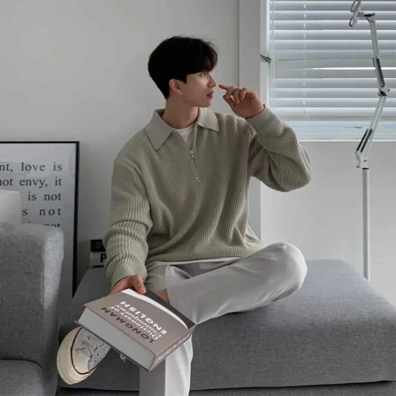 Men’s Japanese Vintage Half-Zip Sweater – Autumn/Winter High-End Knitted Pullover with Lapel, Loose Fit