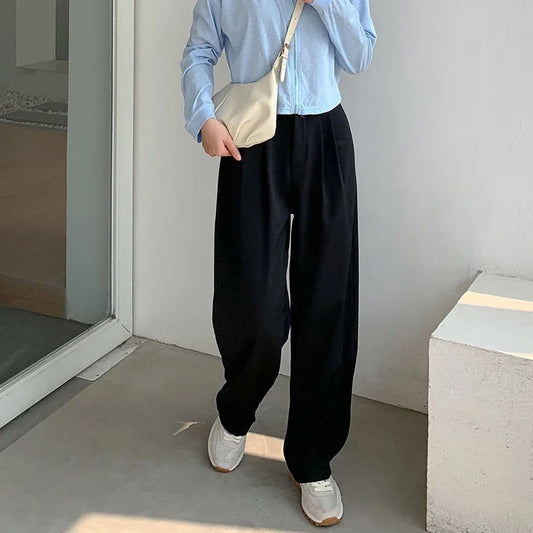 Women's High-Waist Black Straight Leg Pants: Stylish & Comfortable Office Trousers