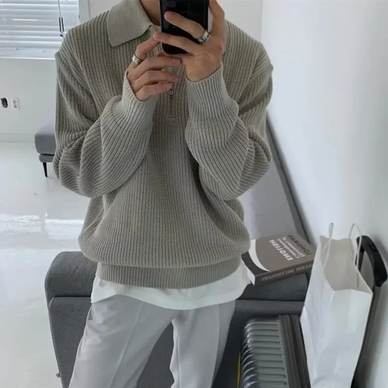 Men’s Japanese Vintage Half-Zip Sweater – Autumn/Winter High-End Knitted Pullover with Lapel, Loose Fit
