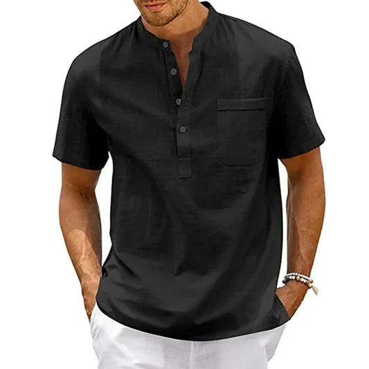 Men’s Cotton Linen Henley Shirt – Casual Short Sleeve Beach Top with Pocket, Lightweight & Breathable Vintage Streetwear