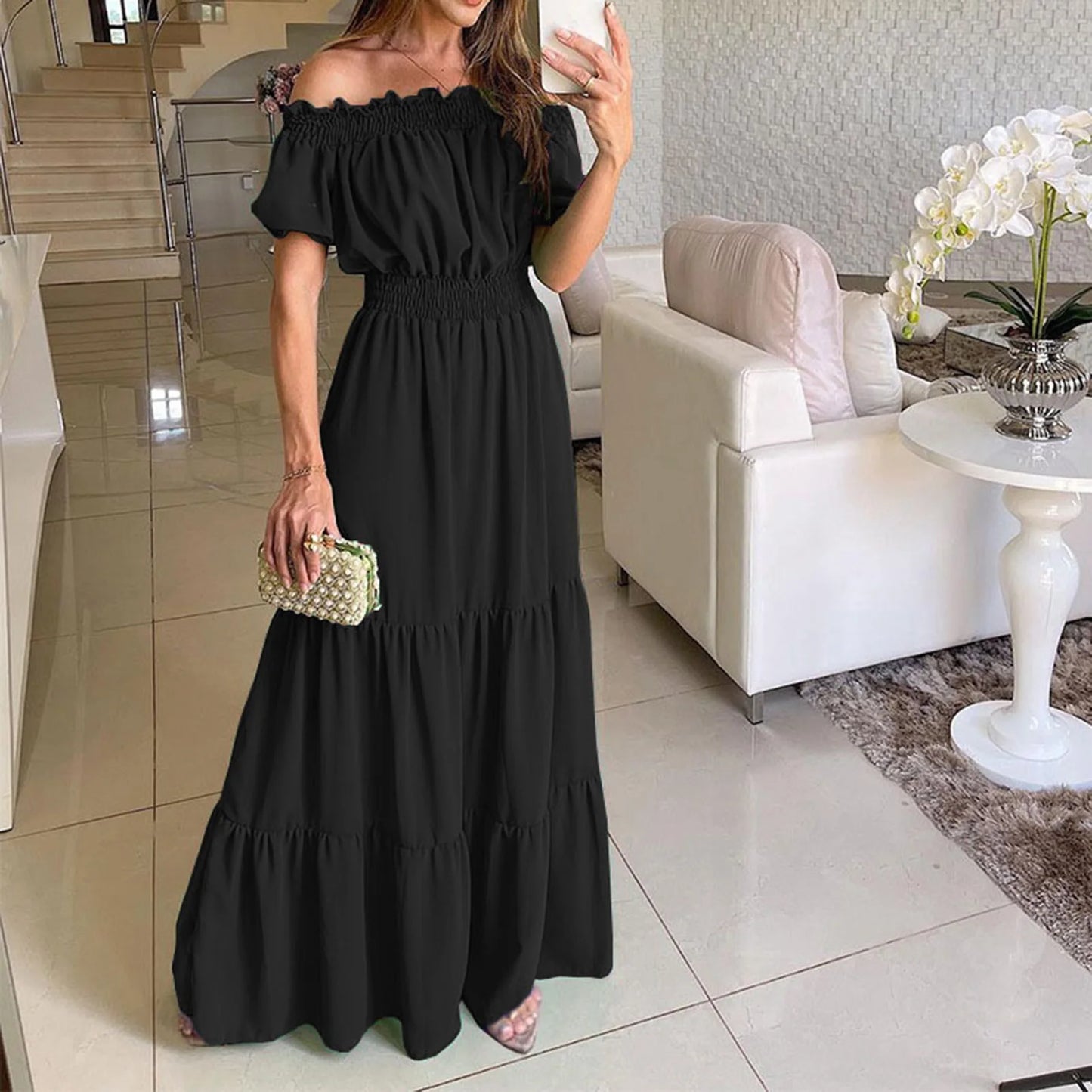 2024 Women’s Off-Shoulder Ruffle Mini Dress – Summer Sexy A-Line Boho Sundress with Flare Sleeves