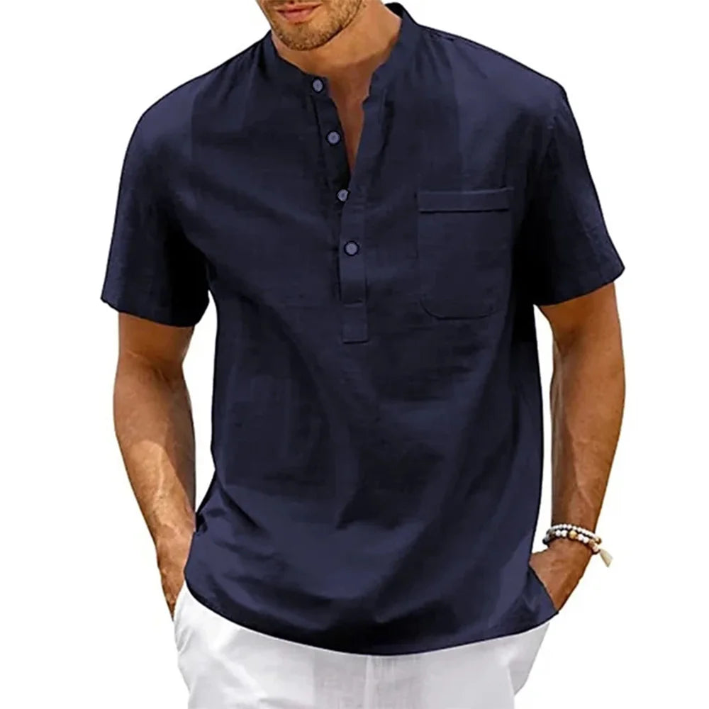 Men’s Cotton Linen Henley Shirt – Casual Short Sleeve Beach Top with Pocket, Lightweight & Breathable Vintage Streetwear