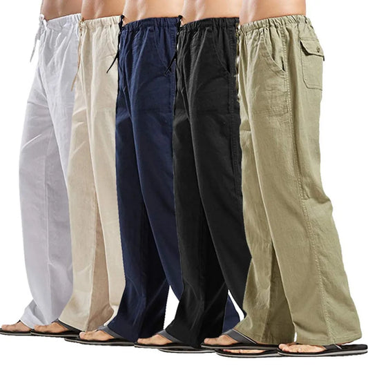 Men’s Cotton Linen Pants – Summer Breathable Casual Trousers with Elastic Waist & Pockets