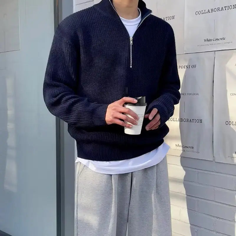 Men’s Half-Zip Stand Collar Sweater – Autumn Winter Casual High Street Pullover